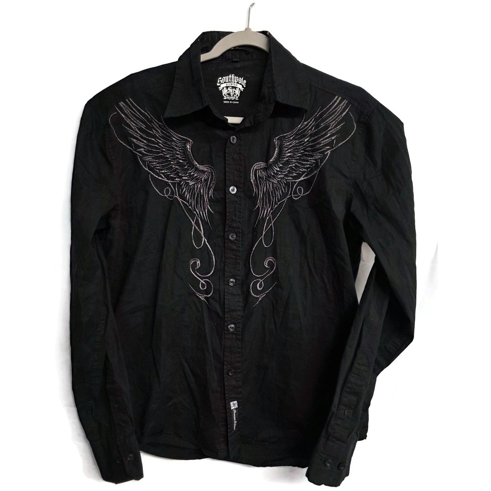 Southpole Premium Mens Black Long Sleeve Button Down Shirt Wing Embroidery Y2K S